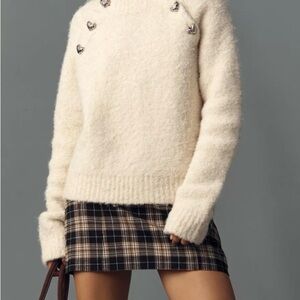 NWT English Factory Cream Bow Button Detailed Crewneck Sweater Size XS Hearts